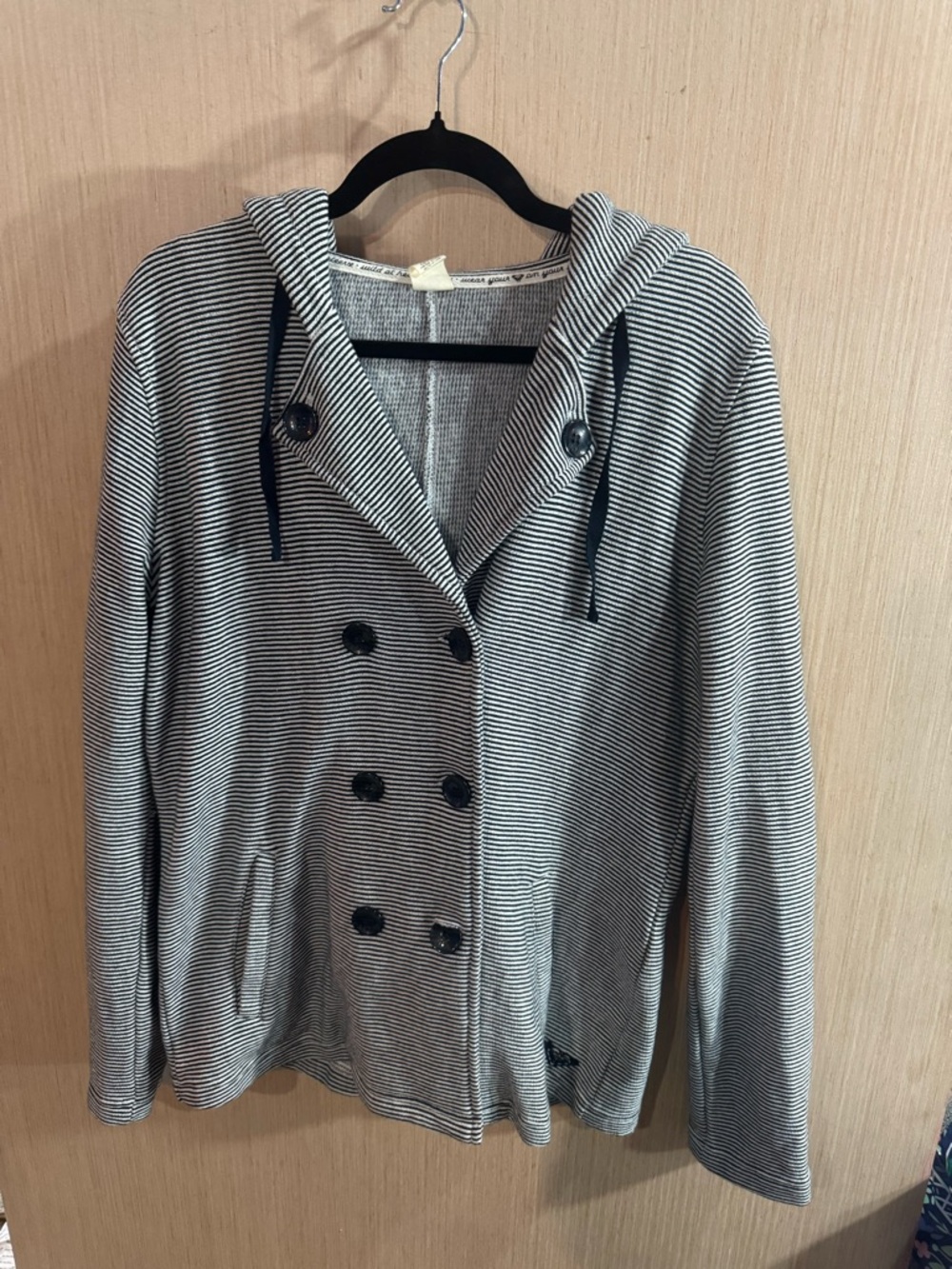 Roxy The Cuddle Jacket Women’s Size L Hooded Peacoat Navy White Striped Nautical